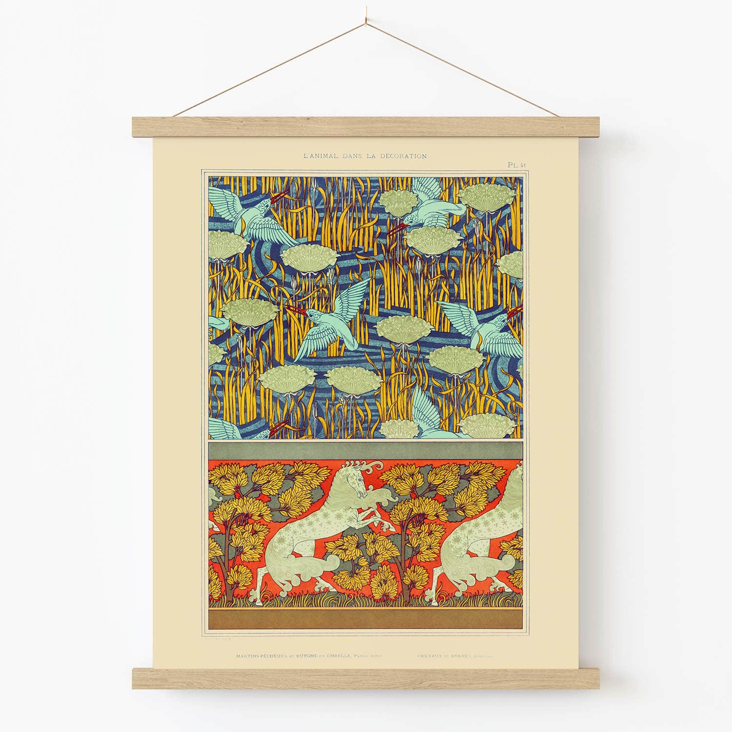 Horses and Hummingbirds Art Print in Wood Hanger Frame on Wall