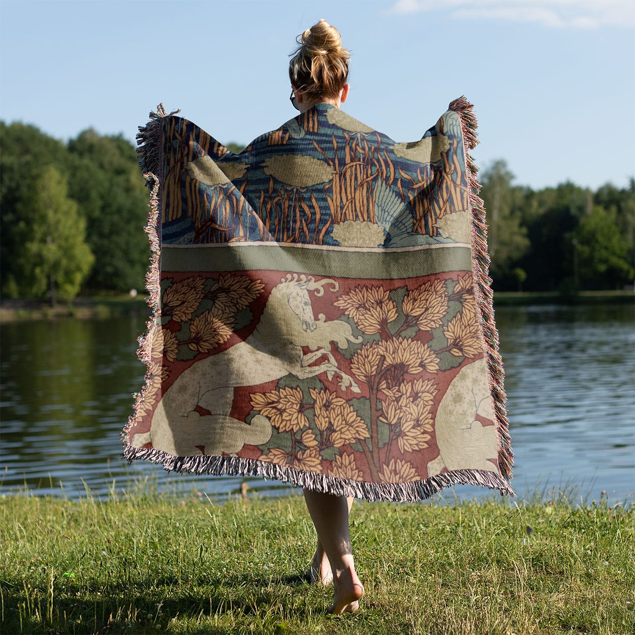Art Nouveau Woven Blanket Held on a Woman's Back Outside