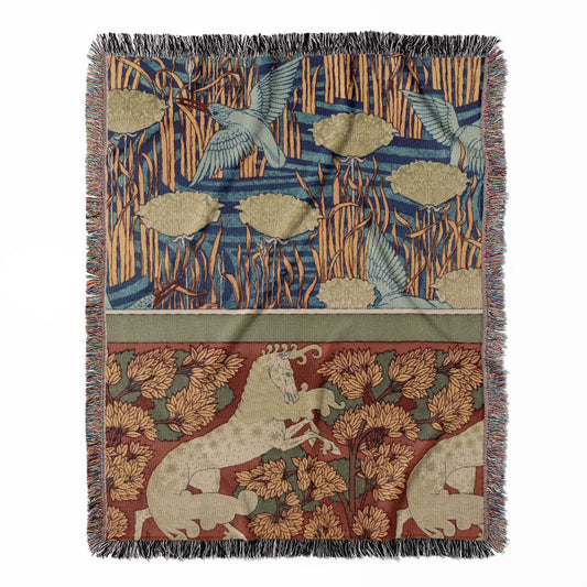 Art Nouveau woven throw blanket, crafted from 100% cotton, offering a soft and cozy texture with horses and hummingbirds for home decor.