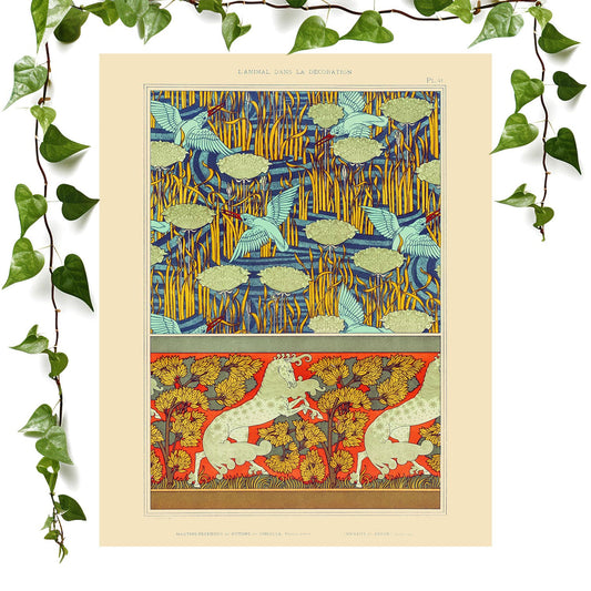 Art Nouveau art print featuring horses and hummingbirds, vintage wall art room decor