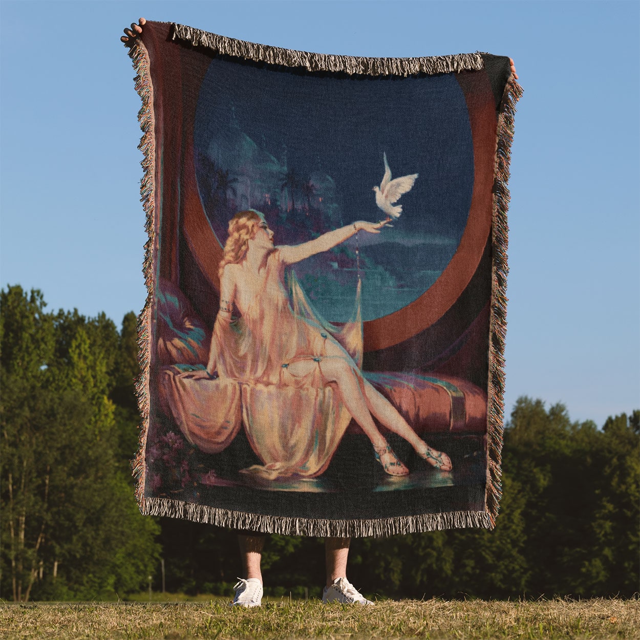 Art Nouveau Woven Blanket Held Up Outside