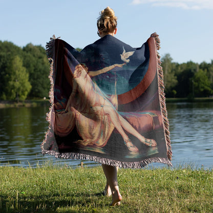 Art Nouveau Woven Blanket Held on a Woman's Back Outside