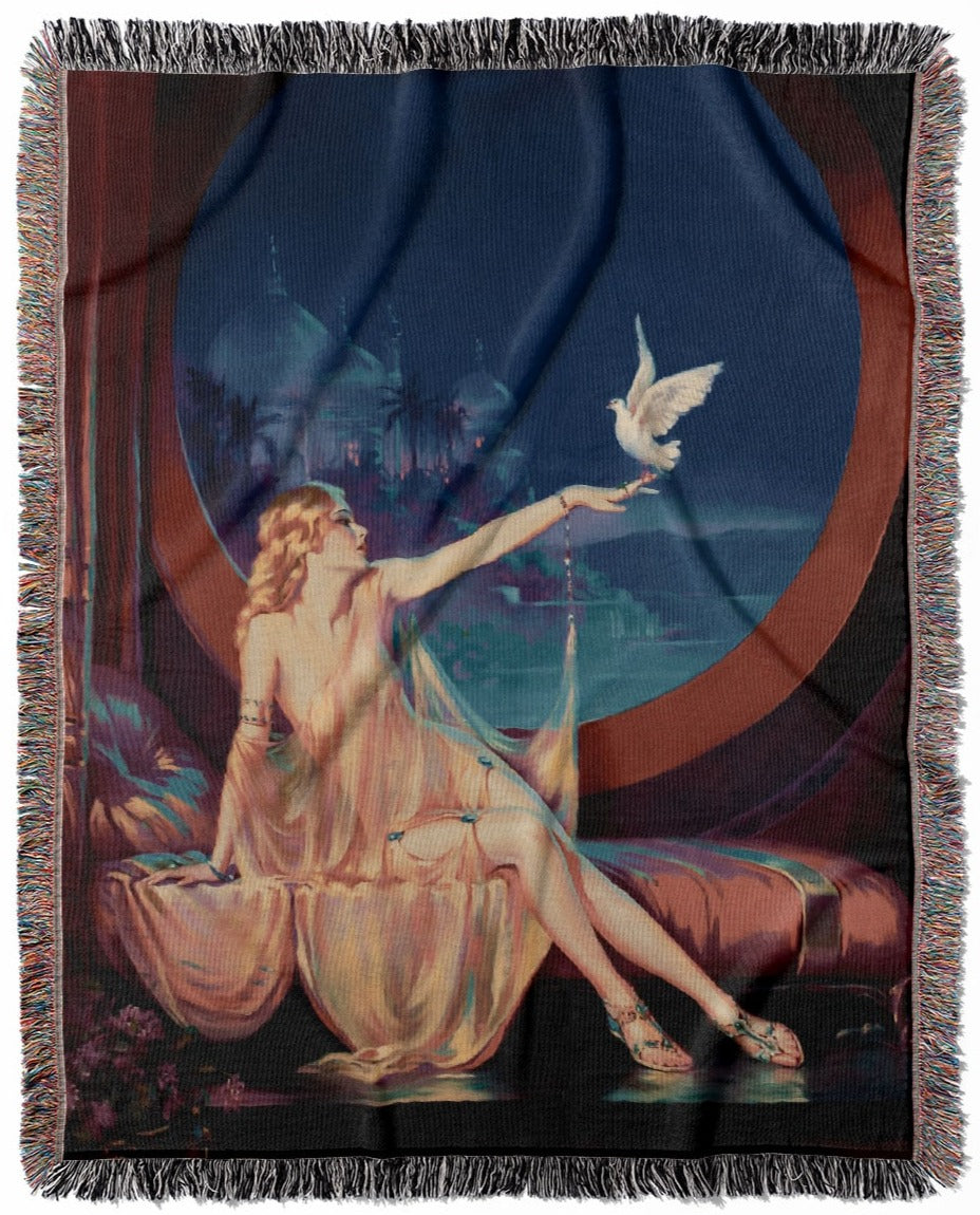 Art Nouveau woven throw blanket, made with 100% cotton, providing a soft and cozy texture in a sultana art style for home decor.