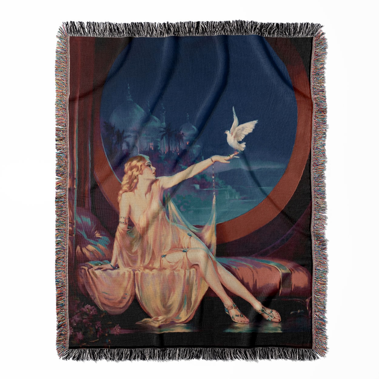 Art Nouveau woven throw blanket, made with 100% cotton, providing a soft and cozy texture in a sultana art style for home decor.