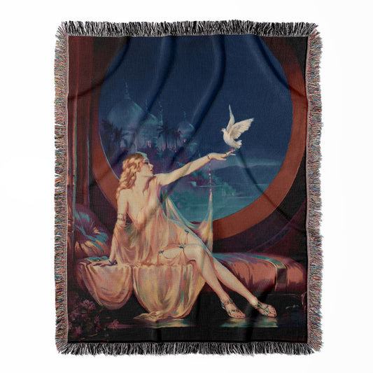 Art Nouveau woven throw blanket, made with 100% cotton, providing a soft and cozy texture in a sultana art style for home decor.