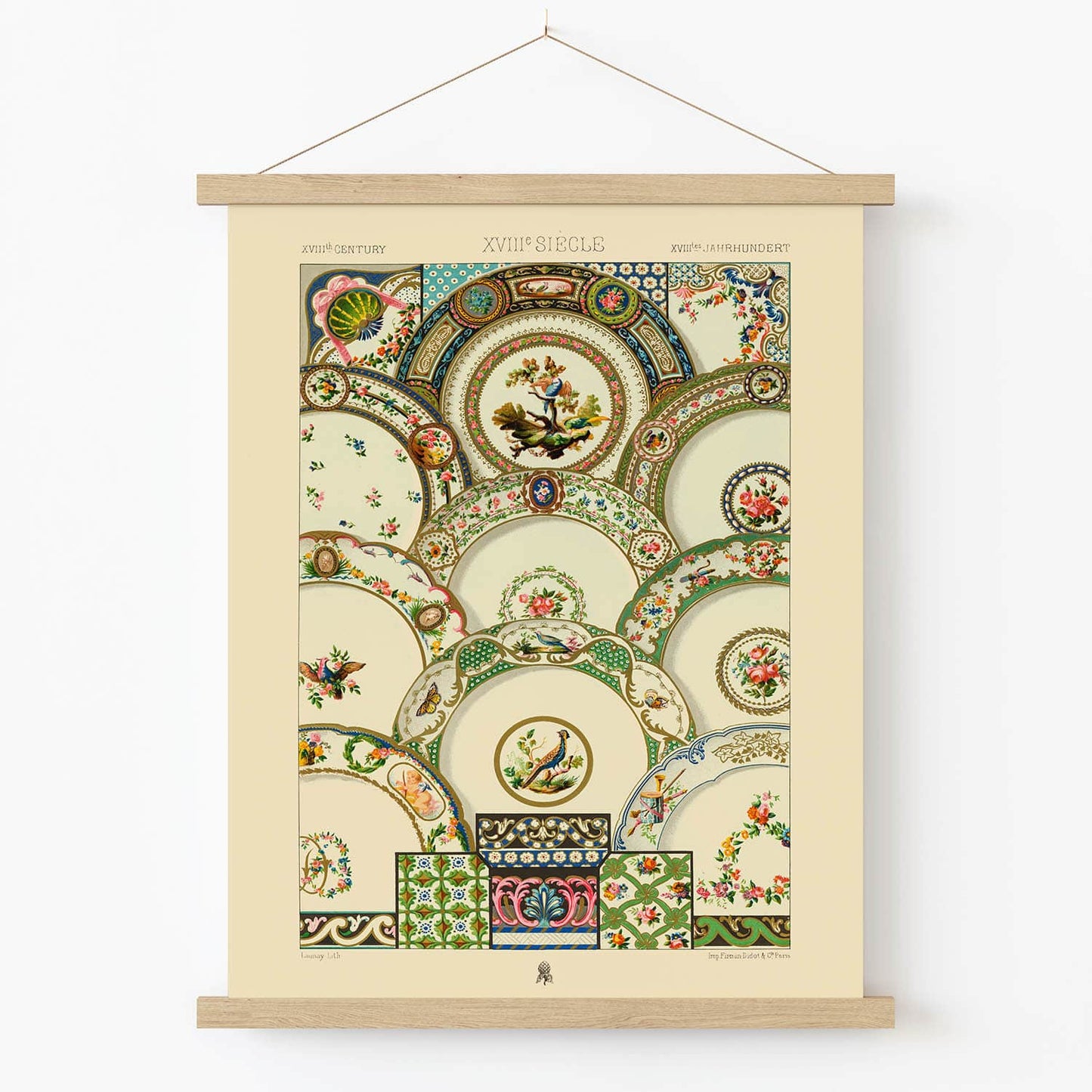 Ornamental Plates Art Print in Wood Hanger Frame on Wall