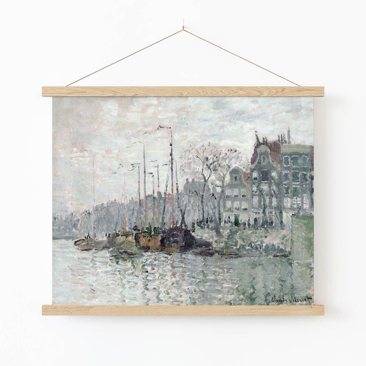 Seascape and City Art Print in Wood Hanger Frame on Wall