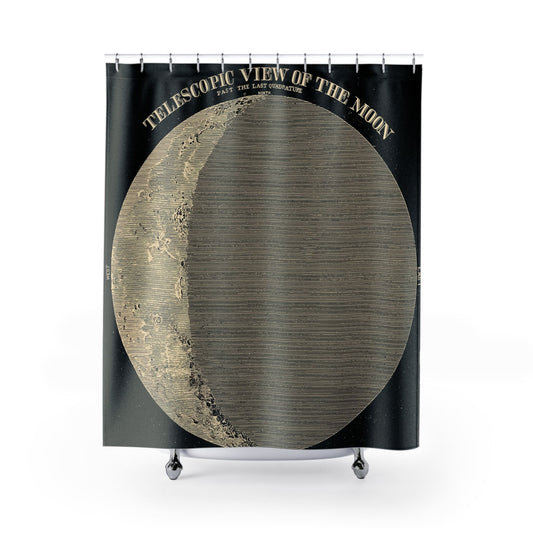 Astronomy Shower Curtain with view of the moon design, celestial bathroom decor featuring detailed moon art.
