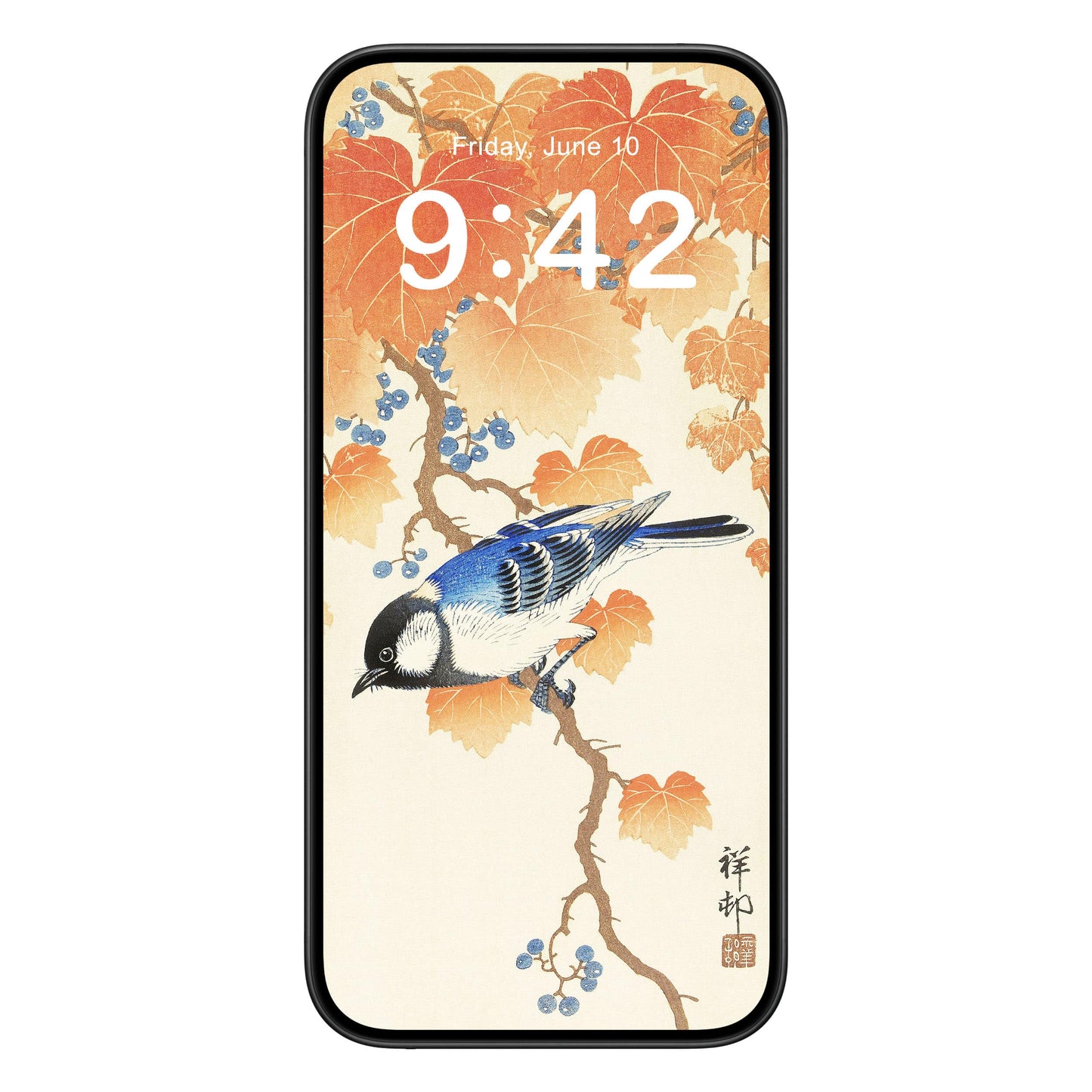 Japanese Birds phone wallpaper background with autumn leaves design shown on a phone lock screen, instant download available.