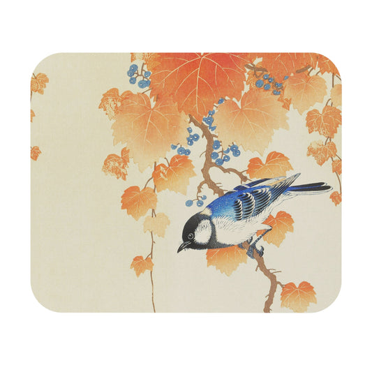 Japanese Birds Mouse Pad with autumn leaves theme, ideal for desk and office decor.