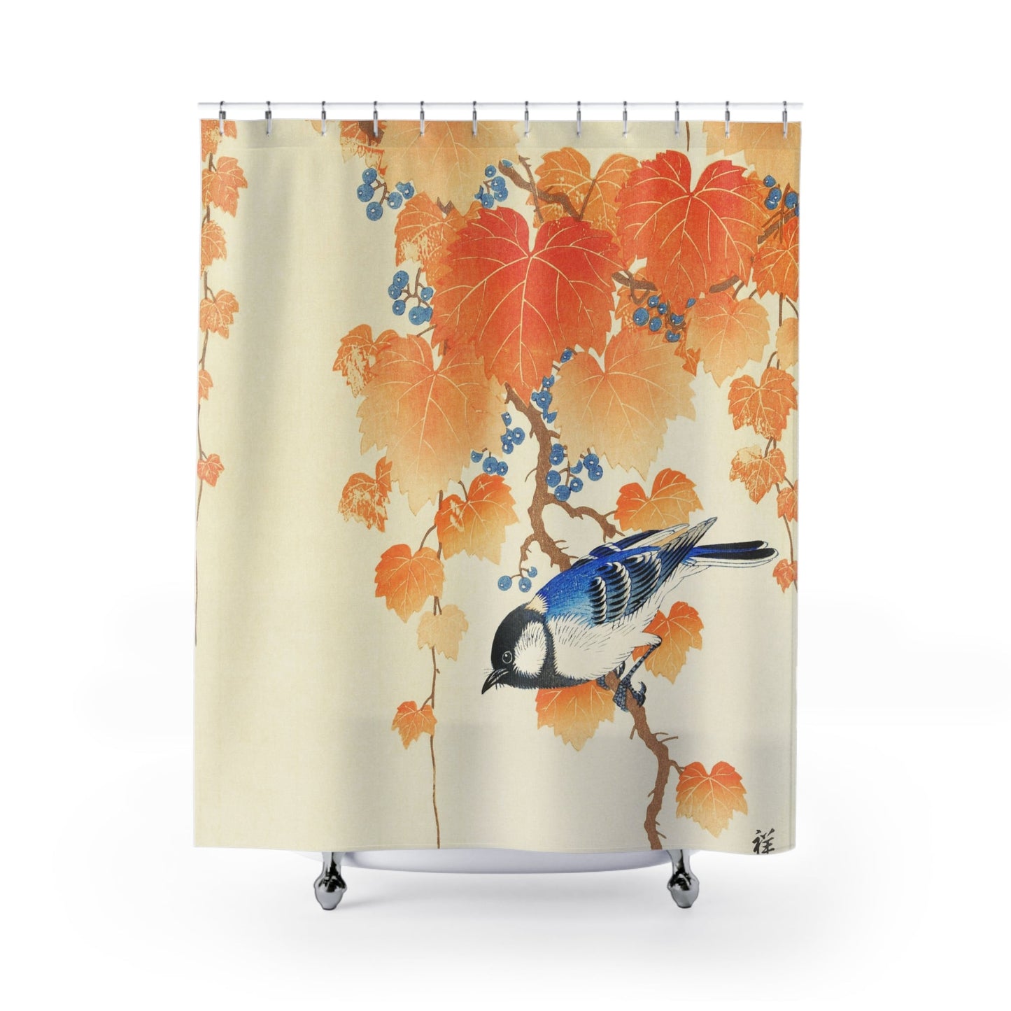 Japanese Birds Shower Curtain with autumn leaves design, cultural bathroom decor featuring traditional Japanese bird art.