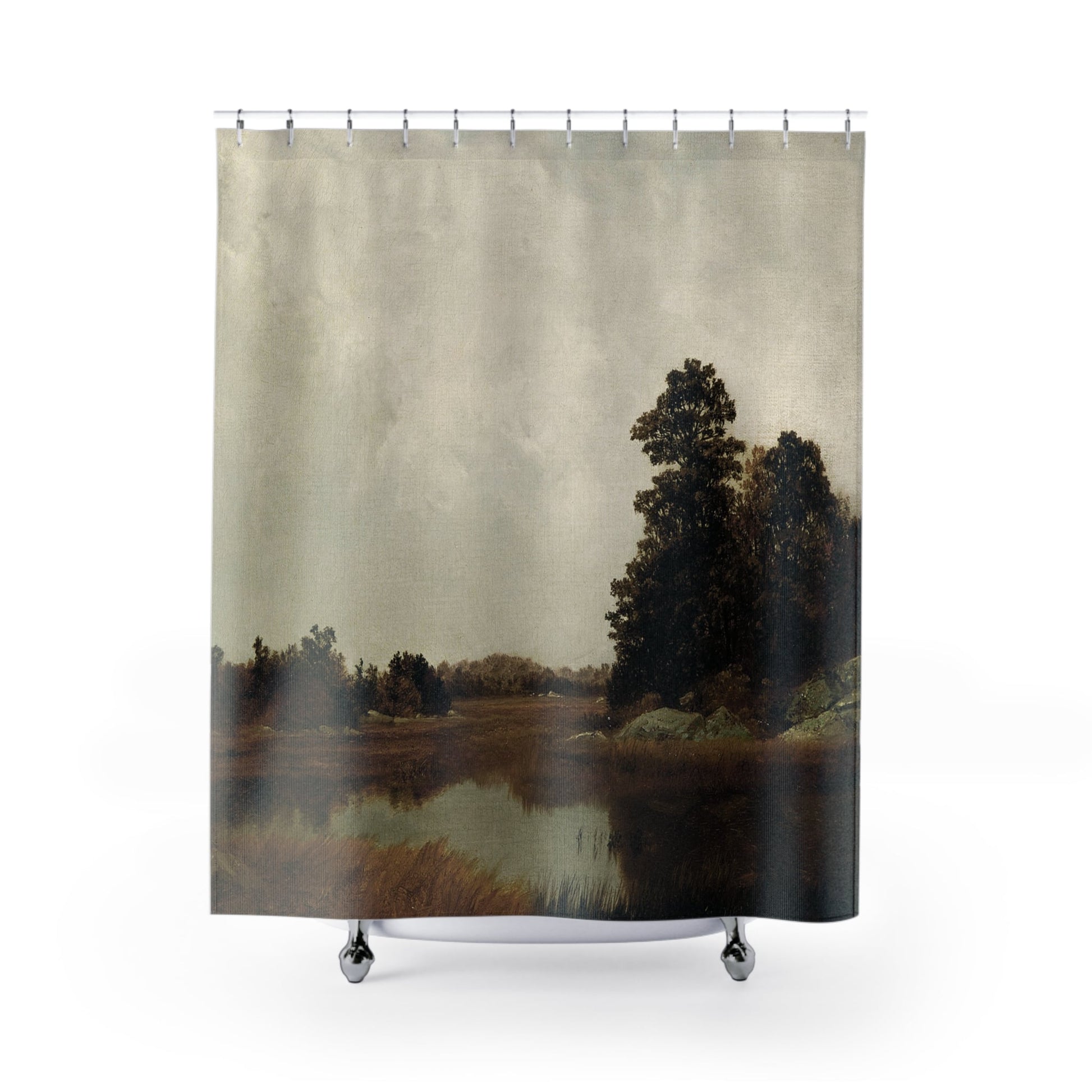 Autumn Landscape Shower Curtain with fall decor design, seasonal bathroom decor featuring colorful autumn scenes.