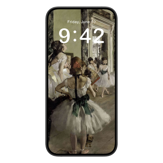 Ballerina phone wallpaper background with degas ballet design shown on a phone lock screen, instant download available.