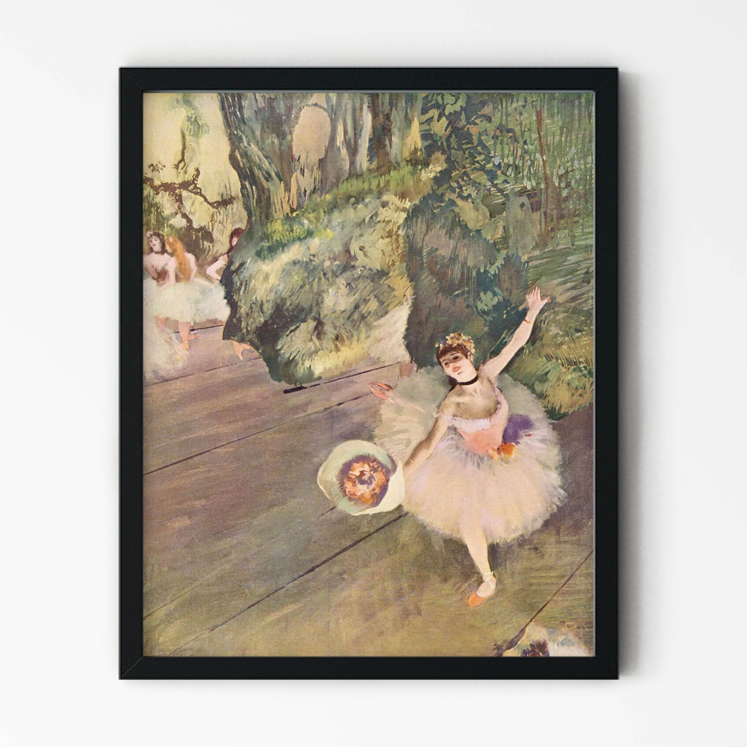 Light Pink and Sage Green Dancer Painting in Black Picture Frame
