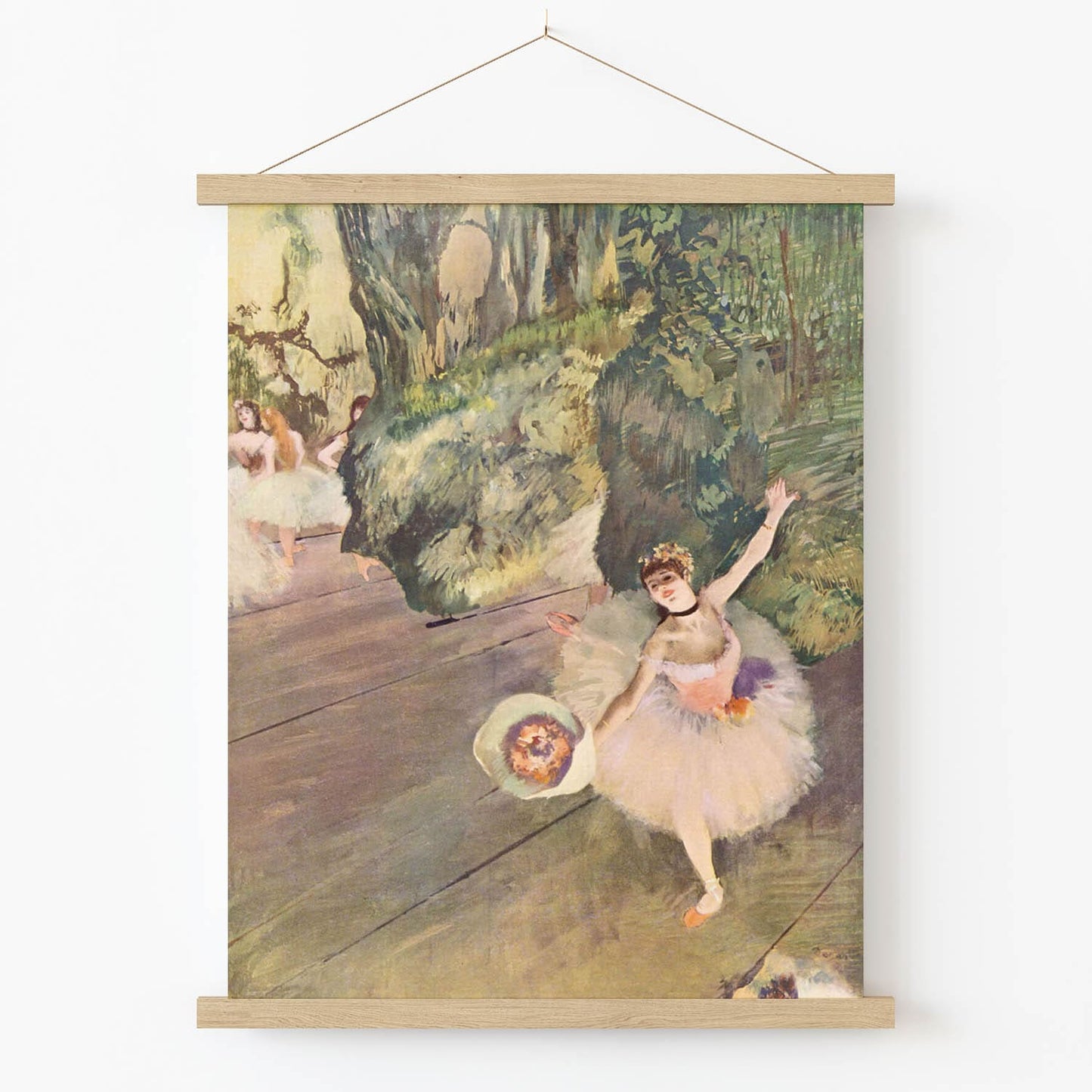 Light Pink and Sage Green Dancer Art Print in Wood Hanger Frame on Wall