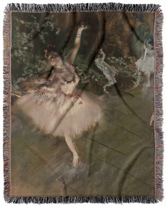 Ballerina woven throw blanket, crafted from 100% cotton, delivering a soft and cozy texture with an Edgar Degas theme for home decor.