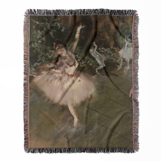 Ballerina woven throw blanket, crafted from 100% cotton, delivering a soft and cozy texture with an Edgar Degas theme for home decor.