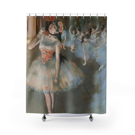 Ballerina Painting Shower Curtain with Edgar Degas design, art-inspired bathroom decor showcasing classic ballerina paintings.