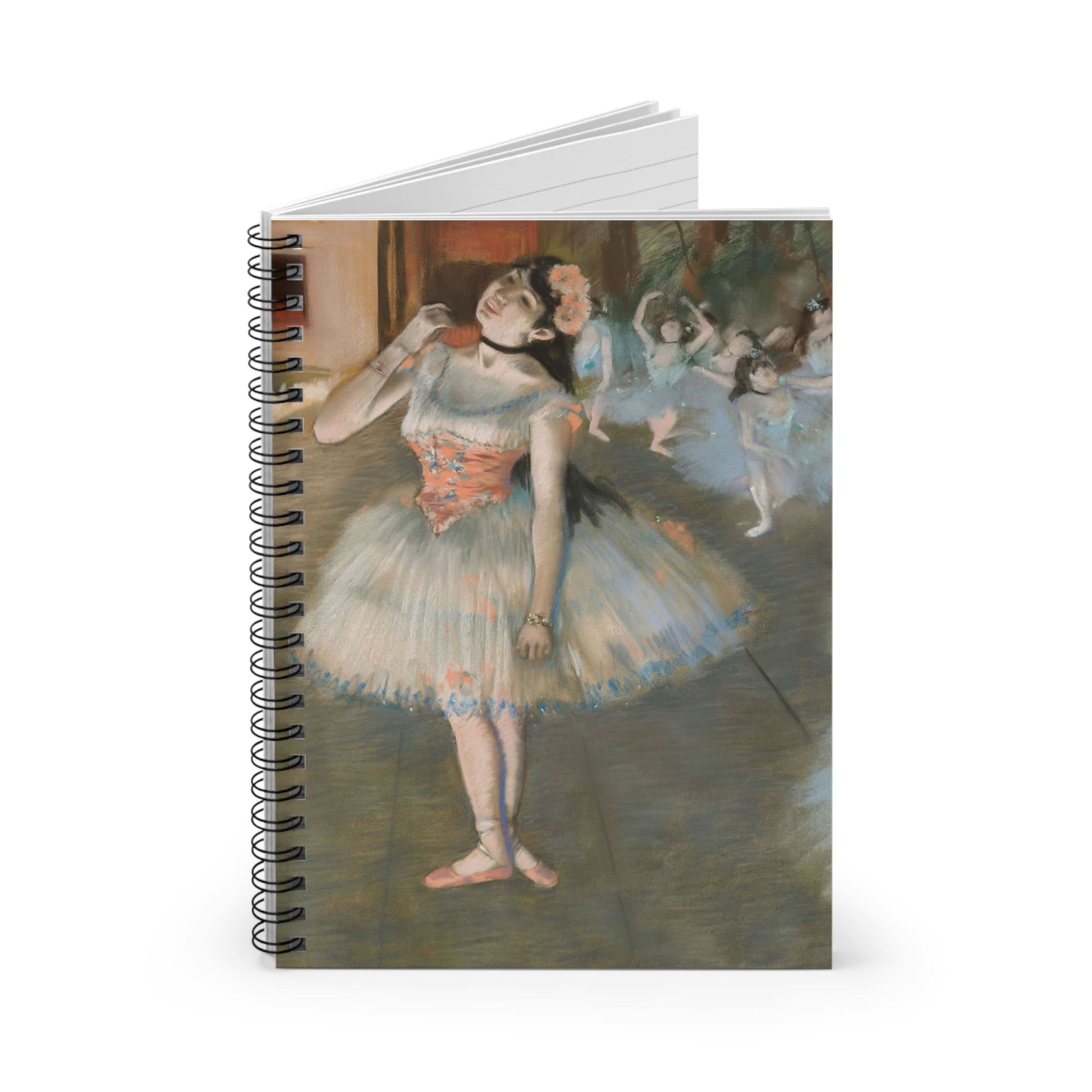 Ballerina Painting Spiral Notebook Standing up on White Desk