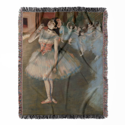 Ballerina Painting woven throw blanket, crafted from 100% cotton, presenting a soft and cozy texture with an Edgar Degas inspired design for home decor.