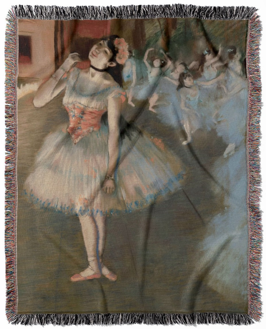 Ballerina Painting woven throw blanket, crafted from 100% cotton, presenting a soft and cozy texture with an Edgar Degas inspired design for home decor.