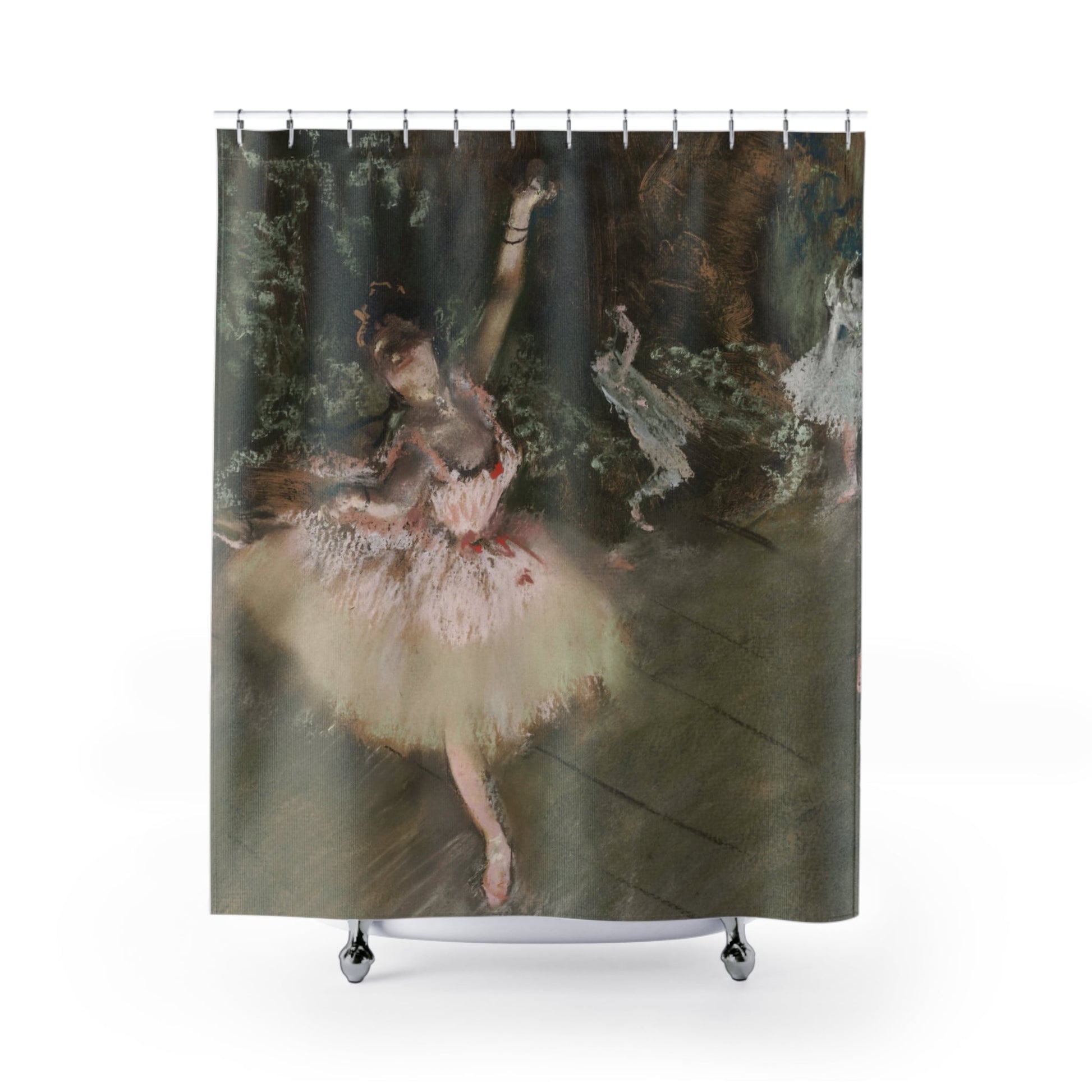 Ballerina Shower Curtain with Edgar Degas design, classic bathroom decor showcasing Degas's famous ballerina paintings.