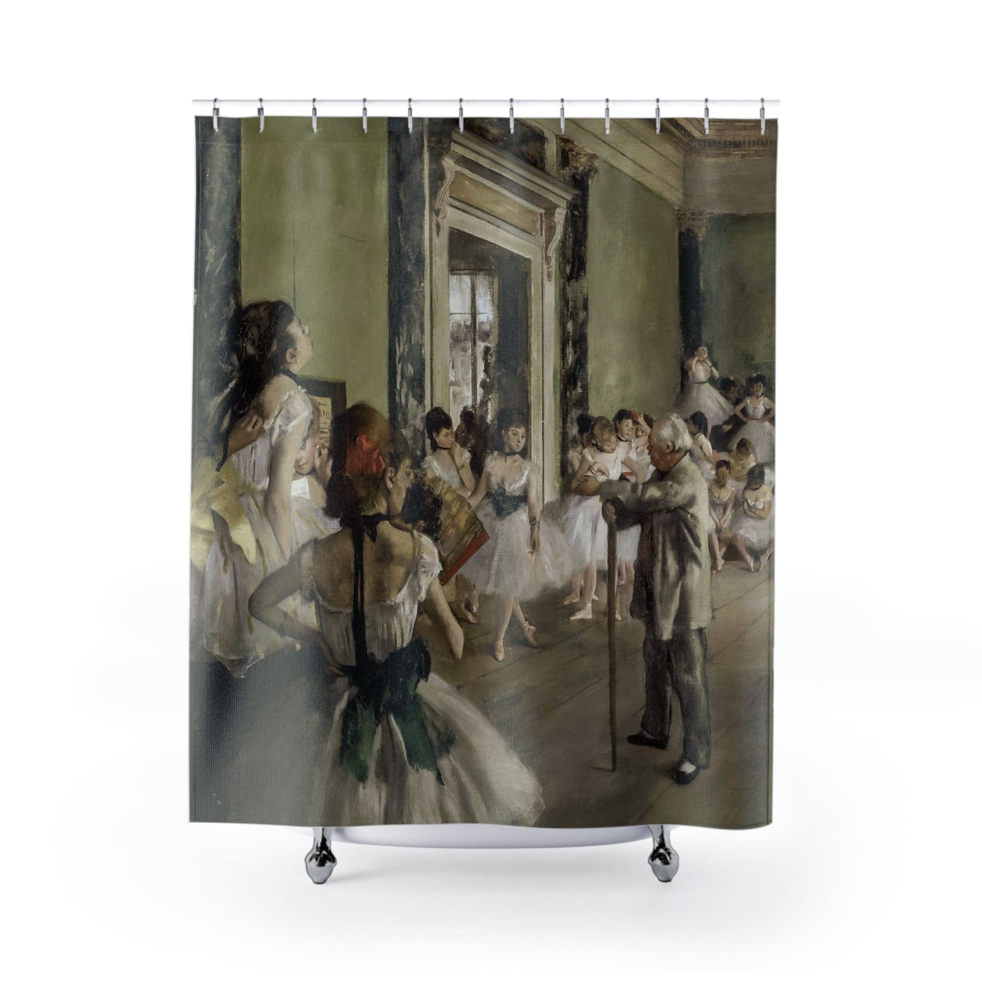 Ballerina Shower Curtain with Degas ballet design, artistic bathroom decor featuring classic Degas ballerina paintings.