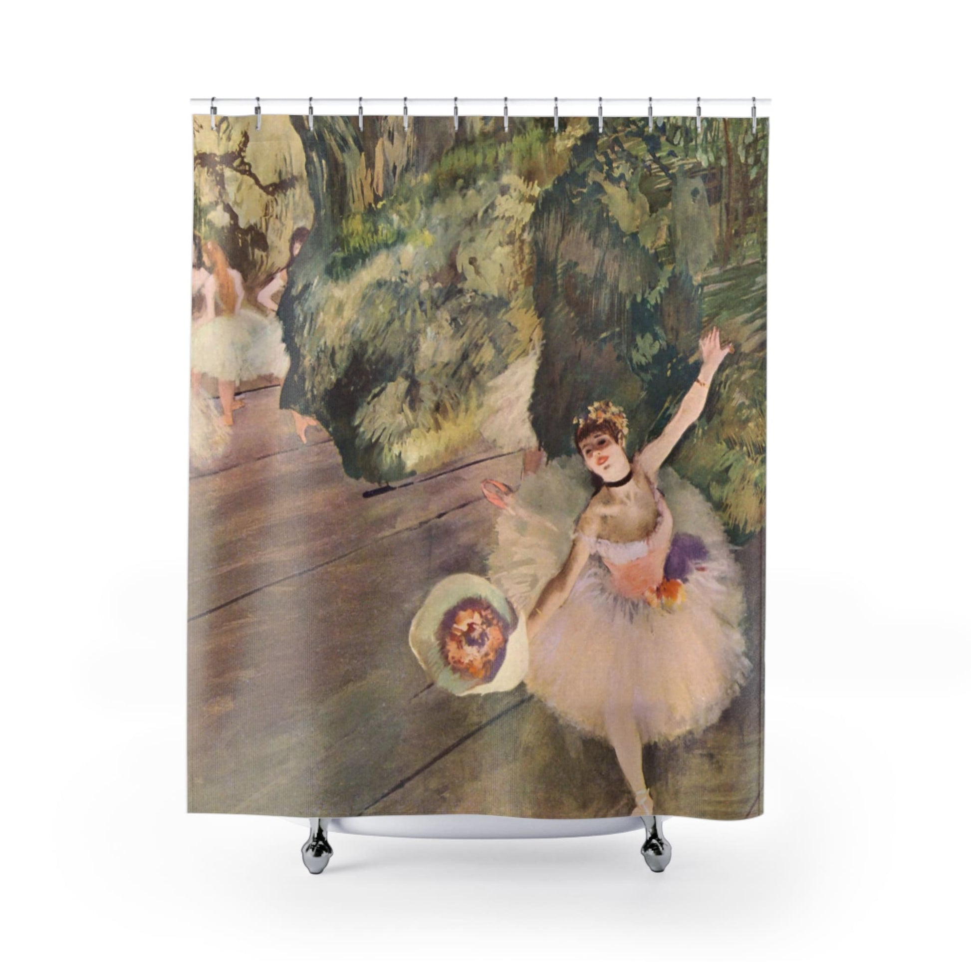 Ballerina Shower Curtain with pink and sage design, elegant bathroom decor showcasing delicate ballerina themes.