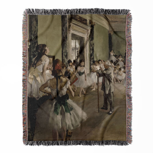Ballerina woven throw blanket, crafted from 100% cotton, providing a soft and cozy texture with an Edgar Degas ballet painting for home decor.