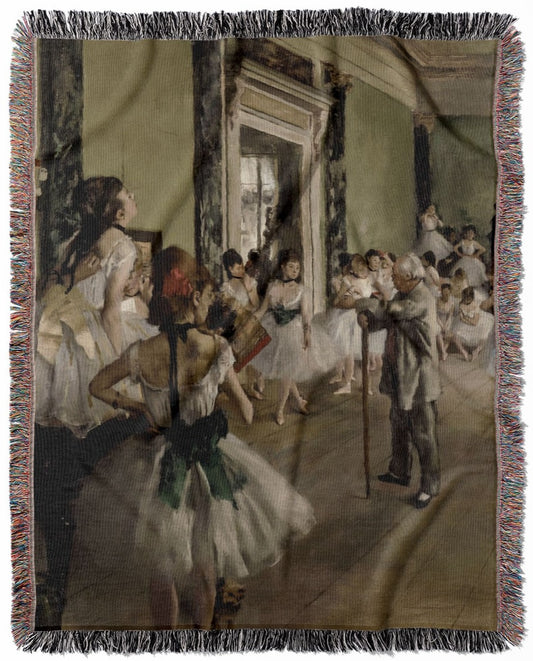 Ballerina woven throw blanket, crafted from 100% cotton, providing a soft and cozy texture with an Edgar Degas ballet painting for home decor.