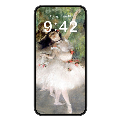 Ballerinas phone wallpaper background with white edgar degas design shown on a phone lock screen, instant download available.