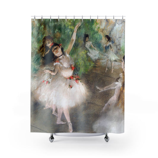 Ballerinas Shower Curtain with white Edgar Degas design, classic bathroom decor featuring Degas's ballerina artwork.