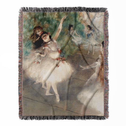 Ballerinas woven throw blanket, made of 100% cotton, featuring a soft and cozy texture with a white Edgar Degas design for home decor.