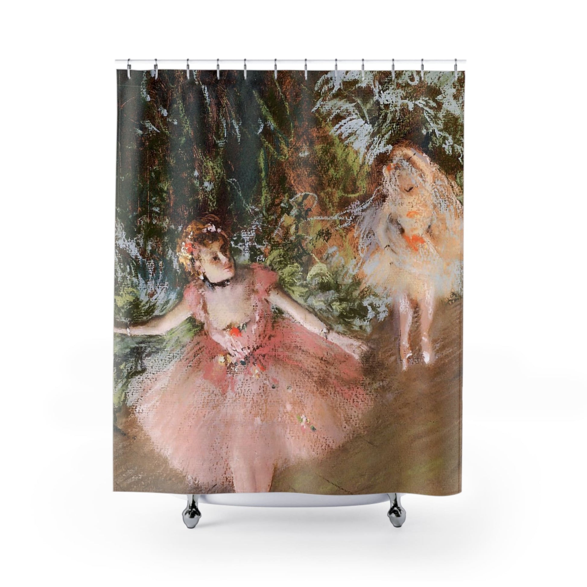 Ballerinas in Pink Shower Curtain with Edgar Degas design, romantic bathroom decor featuring Degas's ballet themes.