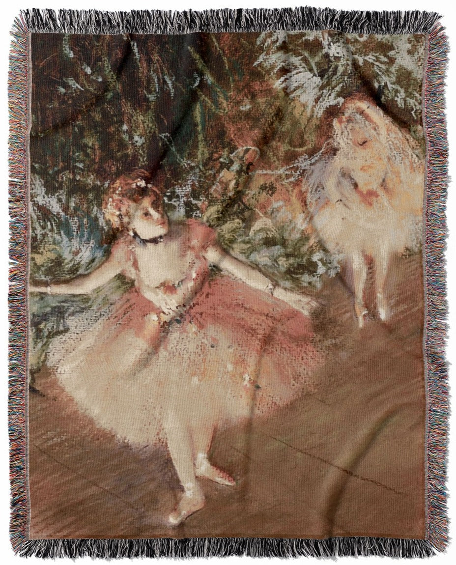 Ballerinas in Pink woven throw blanket, made with 100% cotton, featuring a soft and cozy texture with an Edgar Degas theme for home decor.