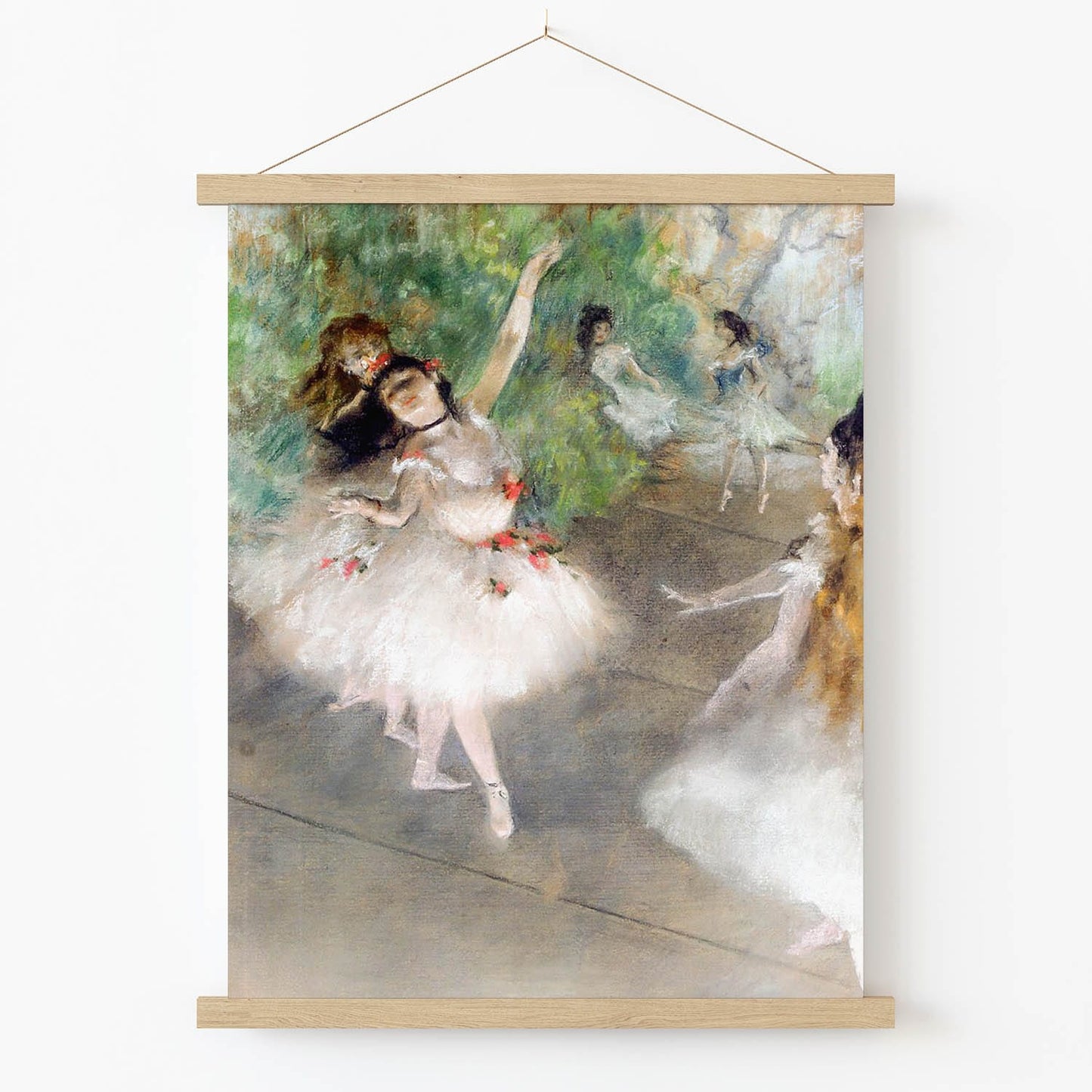 White Dressed Ballerina Art Print in Wood Hanger Frame on Wall