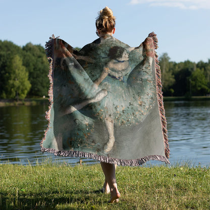 Ballet Painting Woven Blanket Held on a Woman's Back Outside