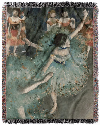 Ballet Painting woven throw blanket, made from 100% cotton, featuring a soft and cozy texture with an Edgar Degas inspired design for home decor.