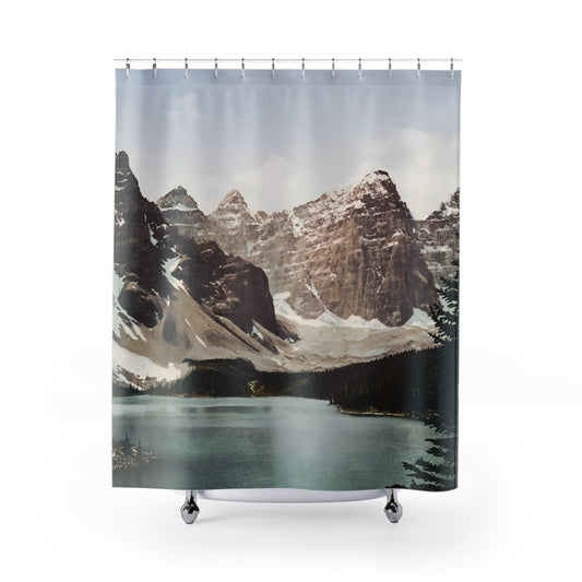 Banff National Park Shower Curtain with mountains design, scenic bathroom decor showcasing picturesque mountain scenery.