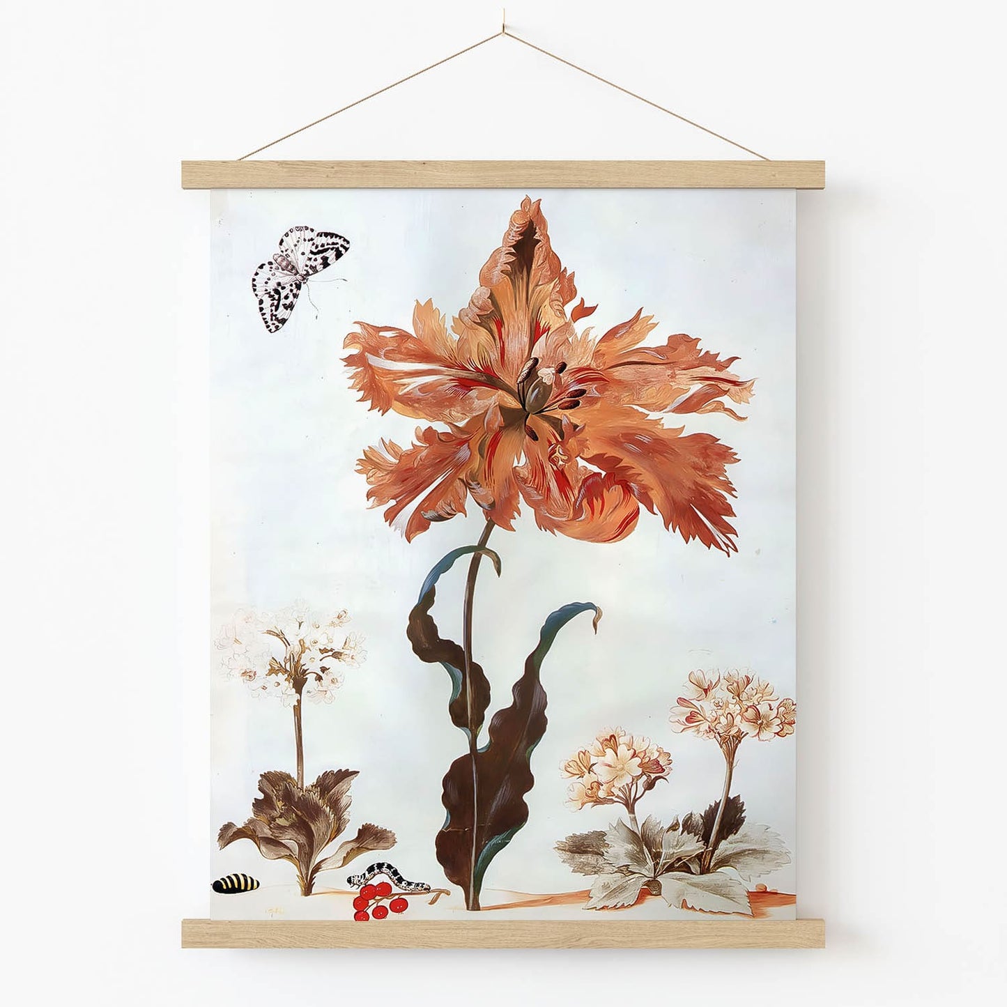 Botanical Nature Art Print in Wood Hanger Frame on Wall