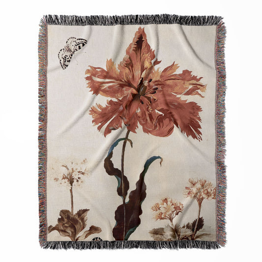 Beautiful Flower woven throw blanket, crafted from 100% cotton, offering a soft and cozy texture with a botanical nature design for home decor.