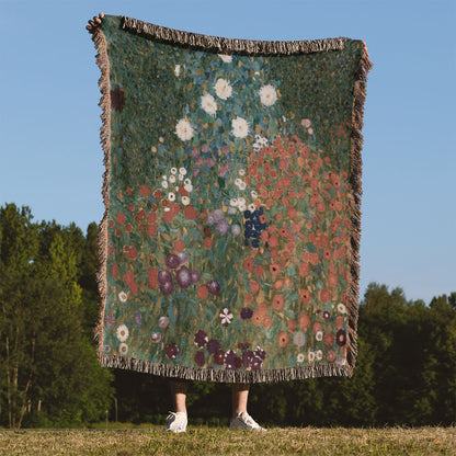 Beautiful Flowers Woven Blanket Held Up Outside