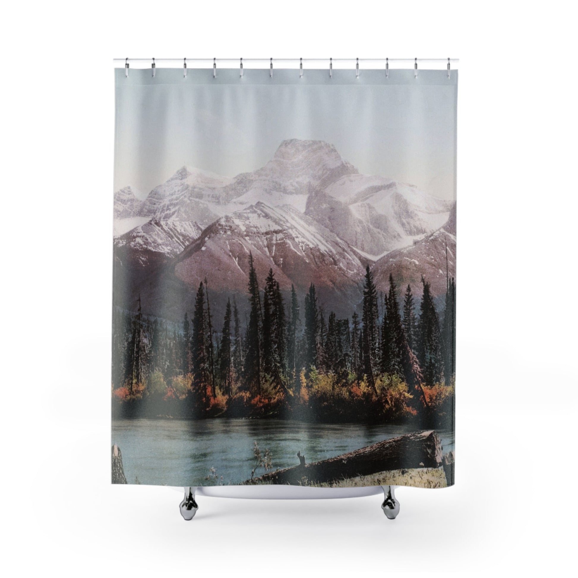 Beautiful Mountain Shower Curtain with mountains and lakes design, scenic bathroom decor showcasing picturesque nature views.