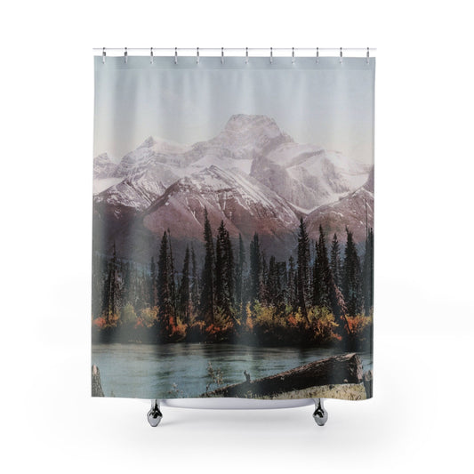 Beautiful Mountain Shower Curtain with mountains and lakes design, scenic bathroom decor showcasing picturesque nature views.