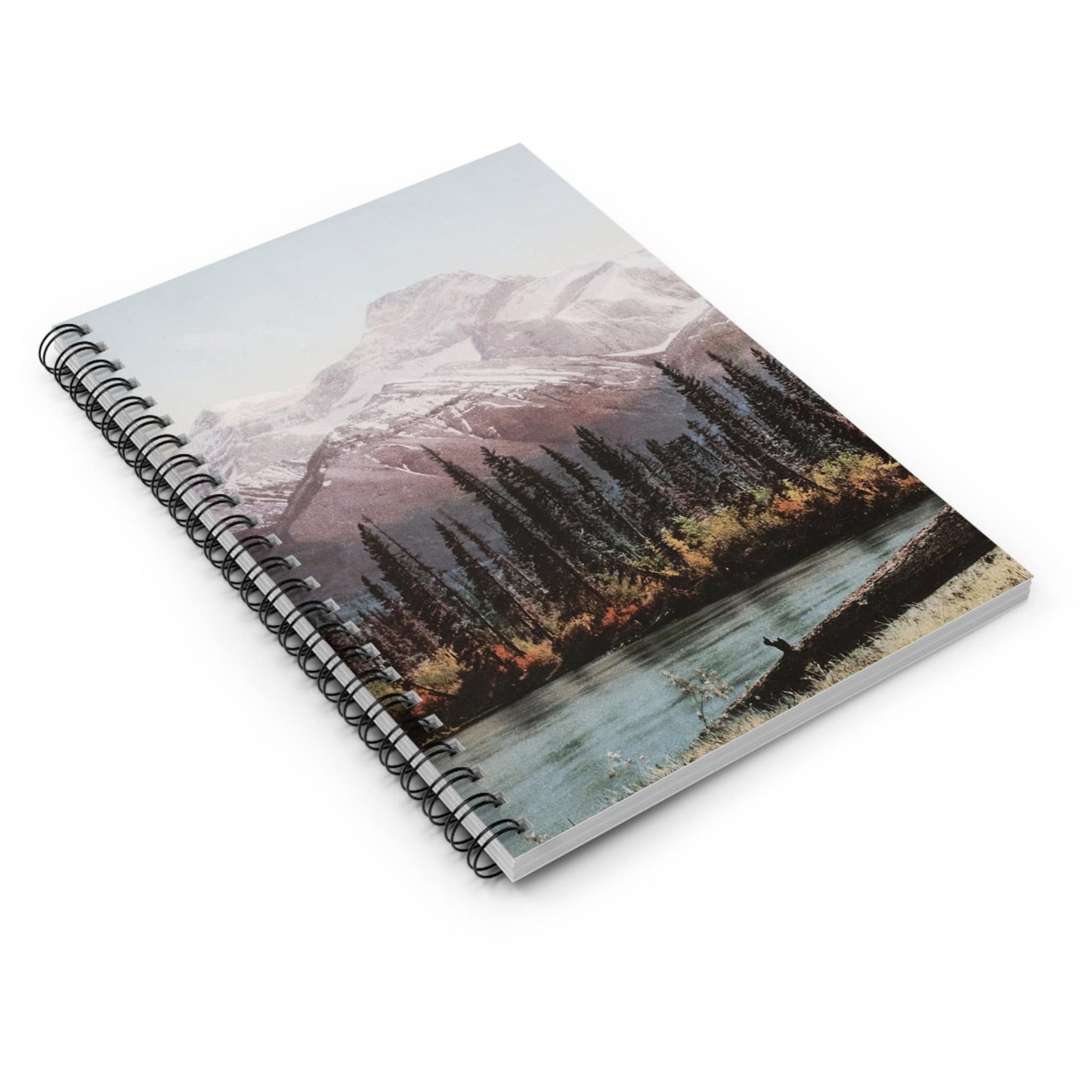 Beautiful Mountain Spiral Notebook Laying Flat on White Surface
