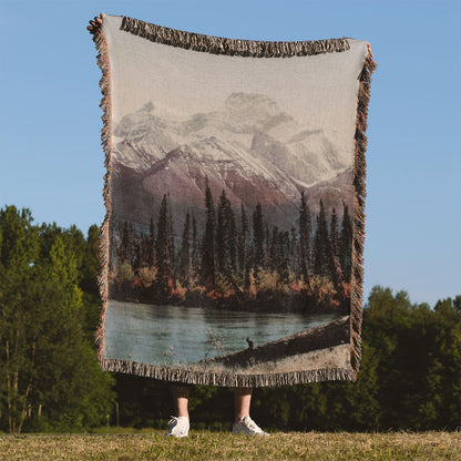 Beautiful Mountain Woven Throw Blanket Held Up Outside