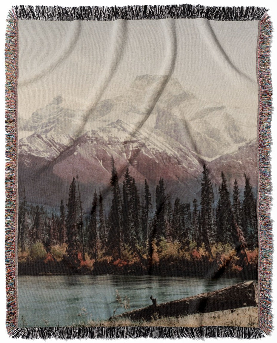 Beautiful Mountain woven throw blanket, made from 100% cotton, offering a soft and cozy texture with mountains and lakes design for home decor.