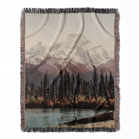 Beautiful Mountain woven throw blanket, made from 100% cotton, offering a soft and cozy texture with mountains and lakes design for home decor.