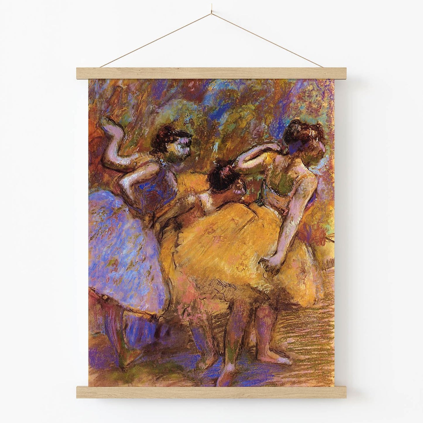 Dancers in Yellow and Violet Art Print in Wood Hanger Frame on Wall