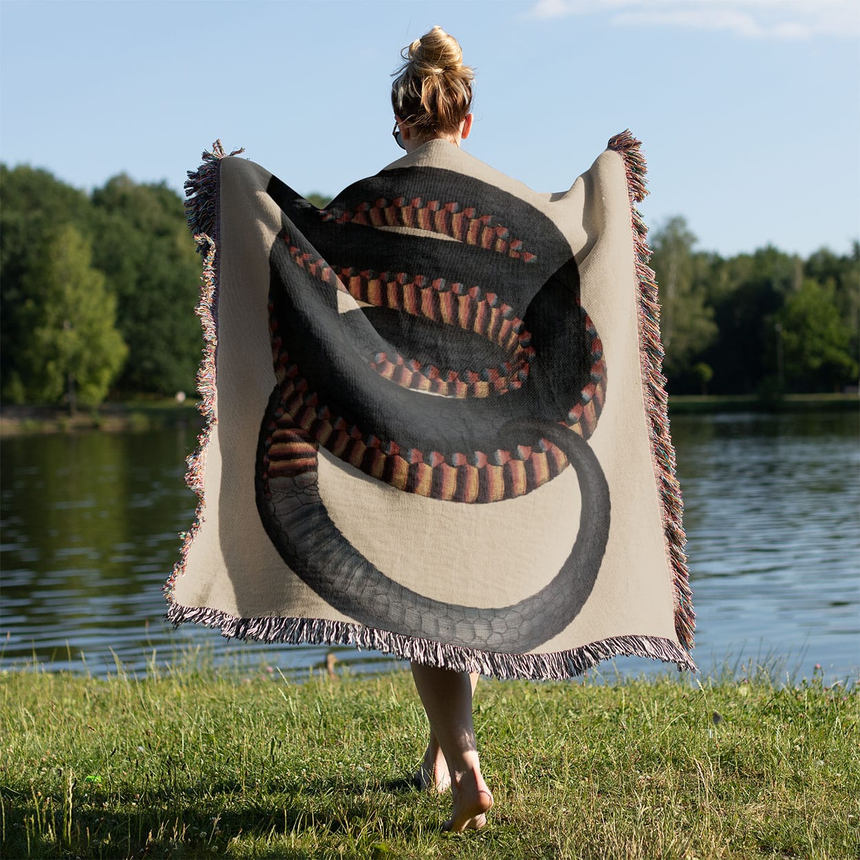 Big Snake Held on a Woman's Back Outside